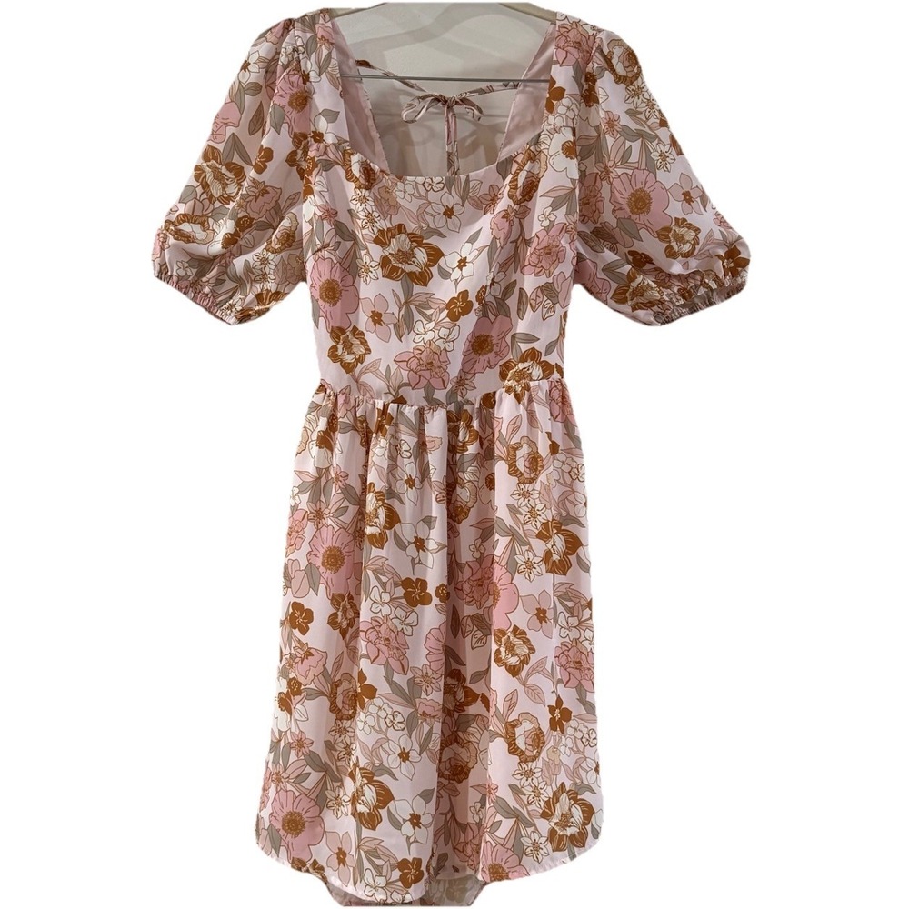 Womens Floral Cottagecore Mini Dress Puff Sleeve Open Back‎ Pink Boho S/M Boho